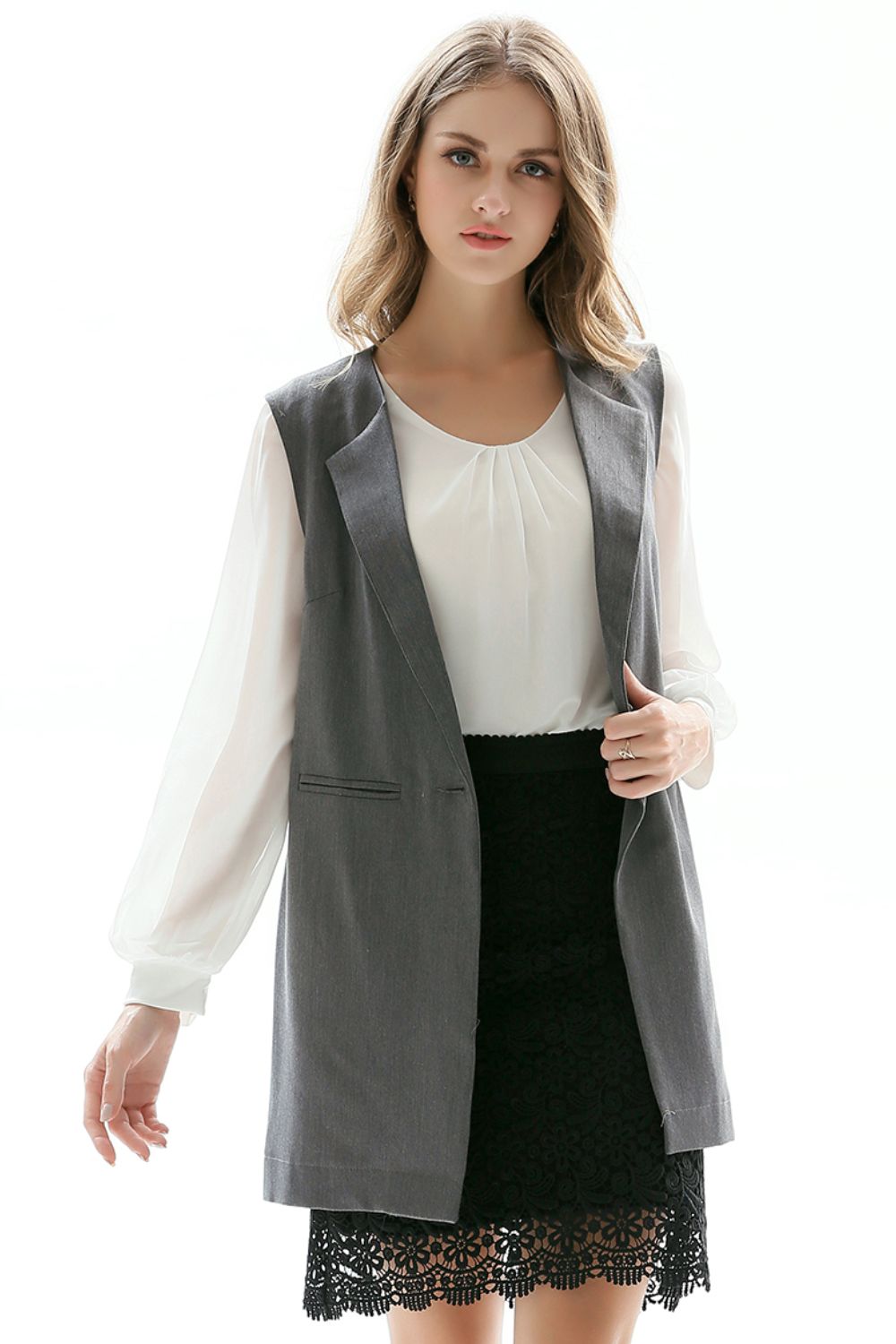 One-Button Sleeveless Longline Blazer-Angel Casuals