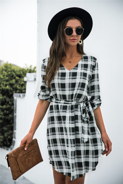 Plaid V-Neck Tie Waist Dress-Angel Casuals