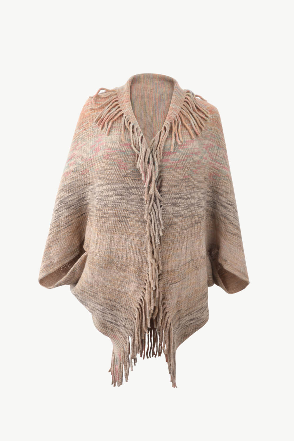 Multicolored Fringe Trim Poncho-Angel Casuals