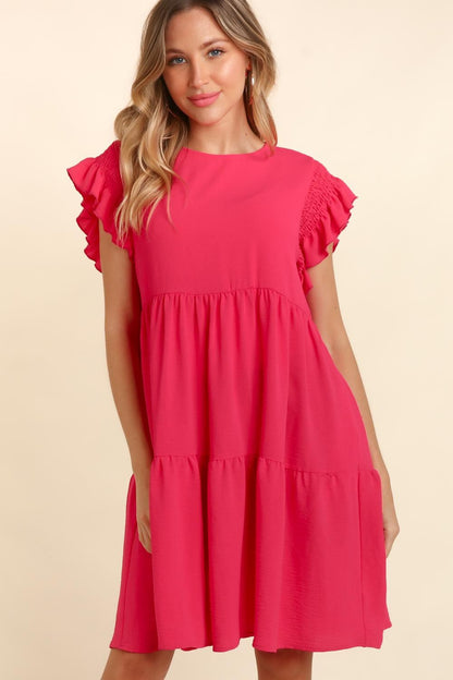 Haptics Full Size Smocking Ruffle Short Sleeve Dress with Pockets-Angel Casuals