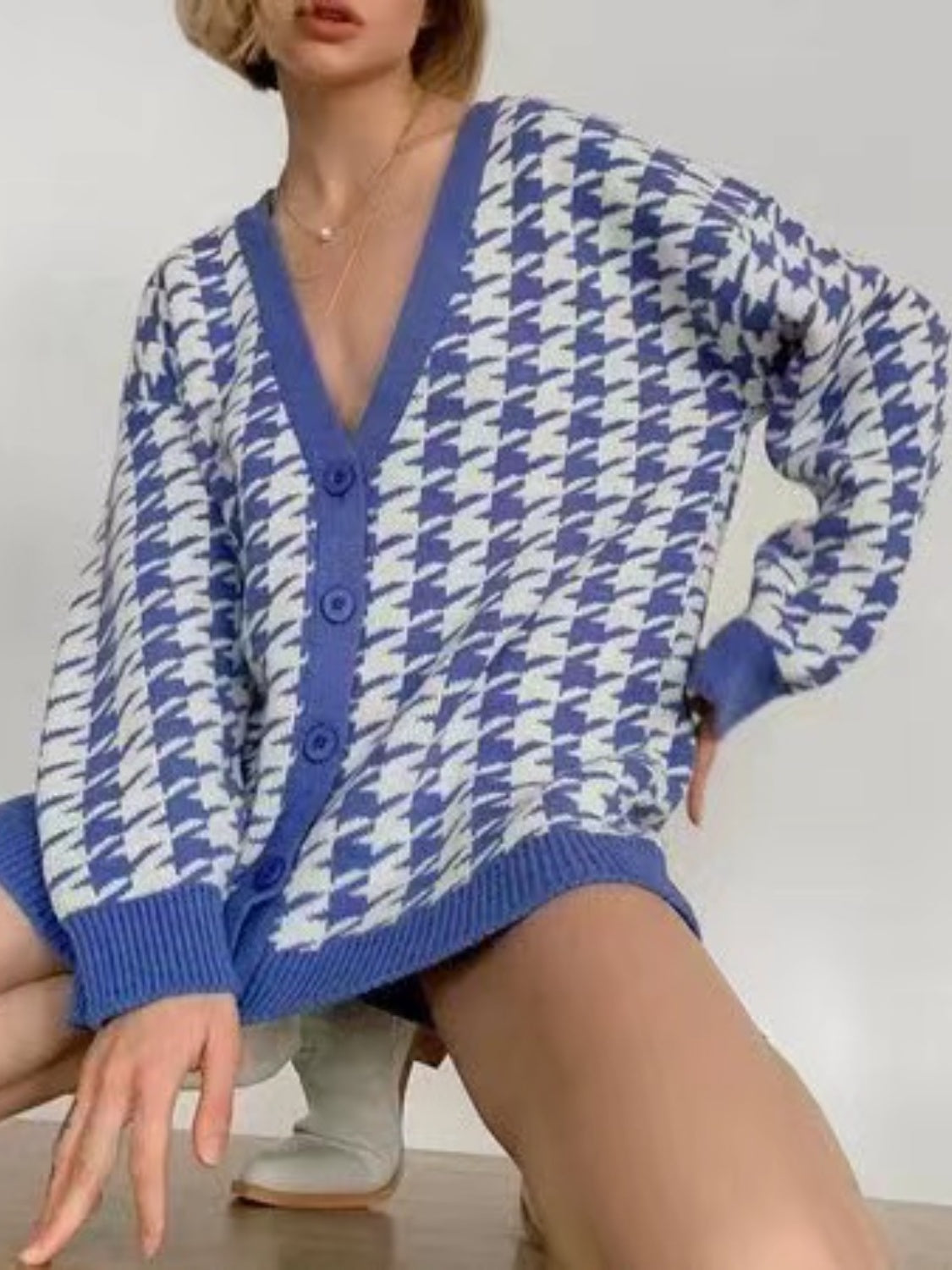 Houndstooth Button Up Long Sleeve Cardigan-Angel Casuals