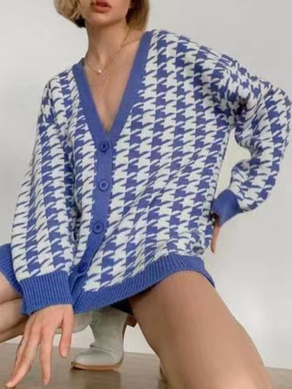 Houndstooth Button Up Long Sleeve Cardigan-Angel Casuals