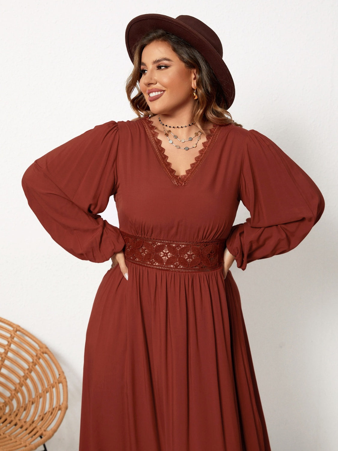 Plus Size Lace Detail V-Neck Balloon Sleeve Dress-Angel Casuals