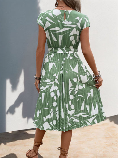 Tied Pleated Printed Cap Sleeve Dress-Angel Casuals