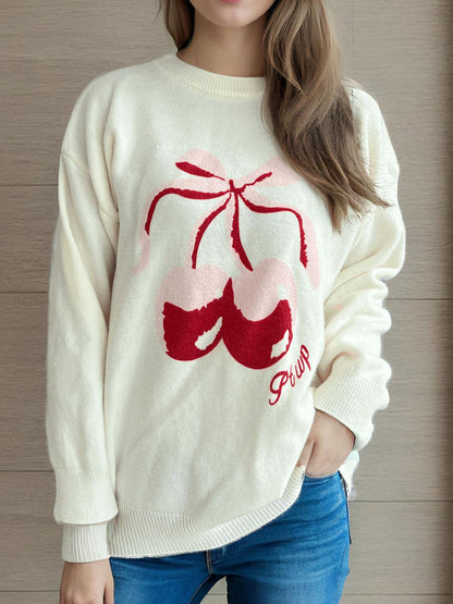 Cherry Round Neck Long Sleeve Sweater-Angel Casuals