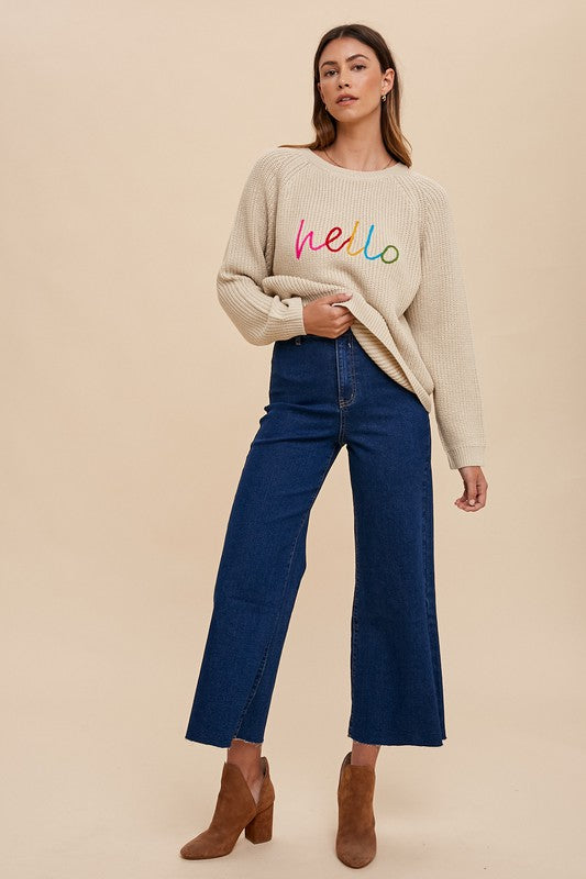 Annie Wear HELLO Embroidered Raglan Sleeve Sweater-Angel Casuals