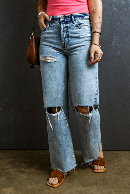 Distressed Raw Hem Straight Jeans-Angel Casuals