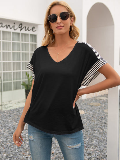 Striped V-Neck Short Sleeve T-Shirt-Angel Casuals