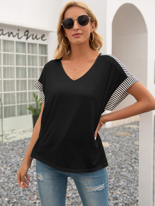 Striped V-Neck Short Sleeve T-Shirt-Angel Casuals