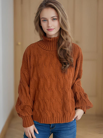 Cable-Knit Turtleneck Long Sleeve Sweater-Angel Casuals