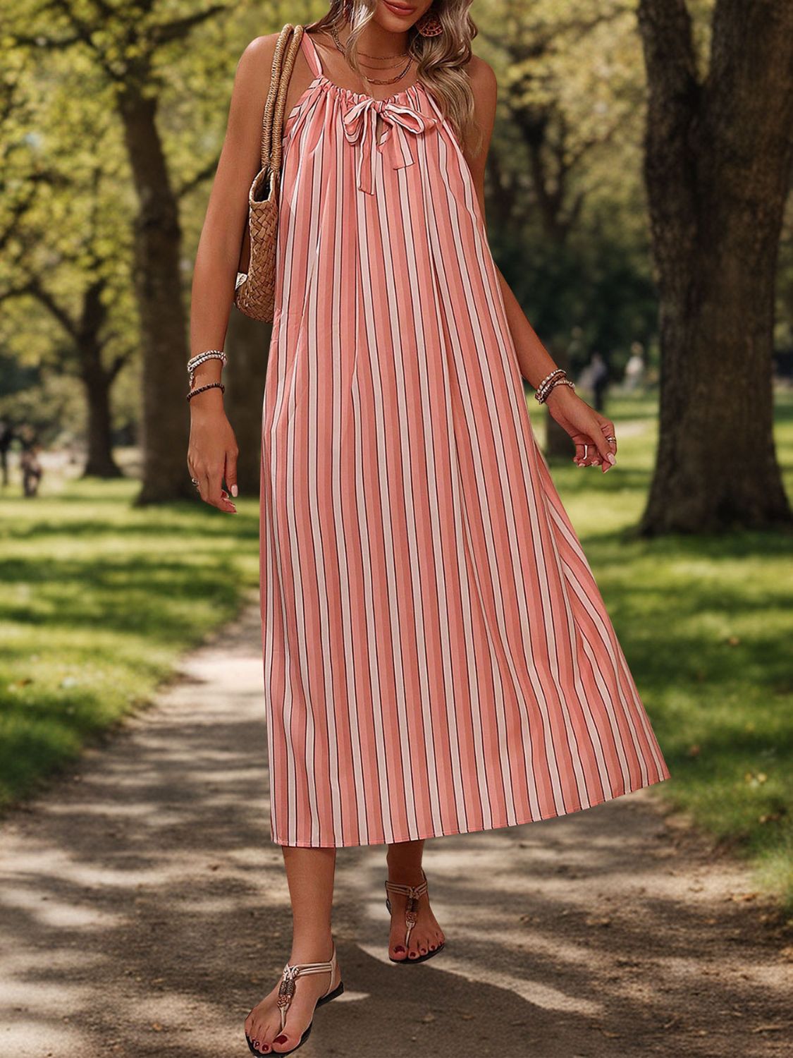 Striped Tie Neck Midi Cami Dress-Angel Casuals