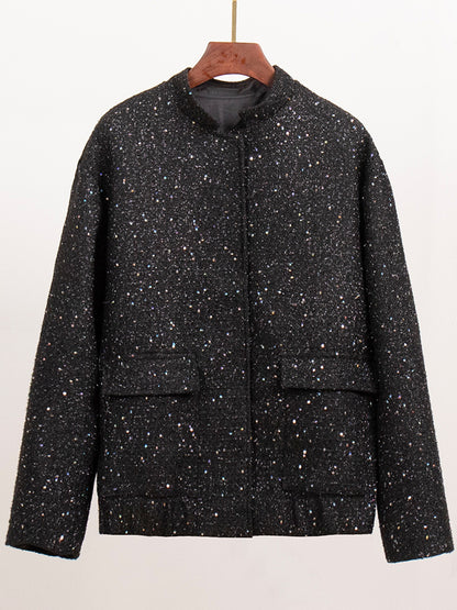 Sequin Detail Pocketed Long Sleeve Jacket-Angel Casuals