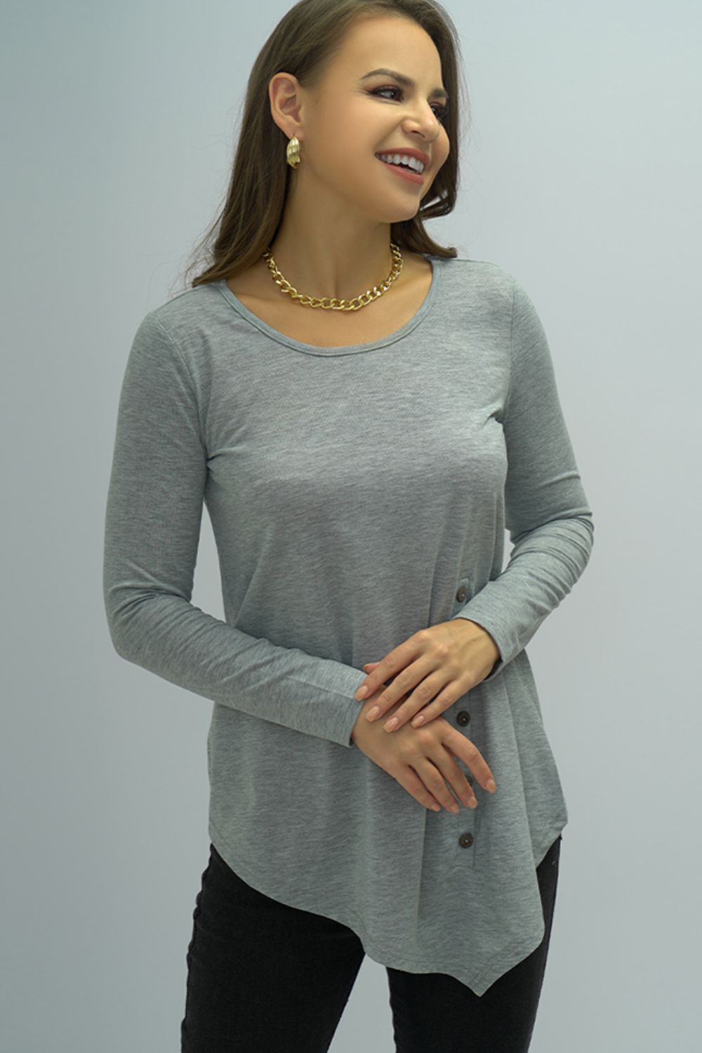 Buttoned Long Sleeve Round Neck Tee-Angel Casuals