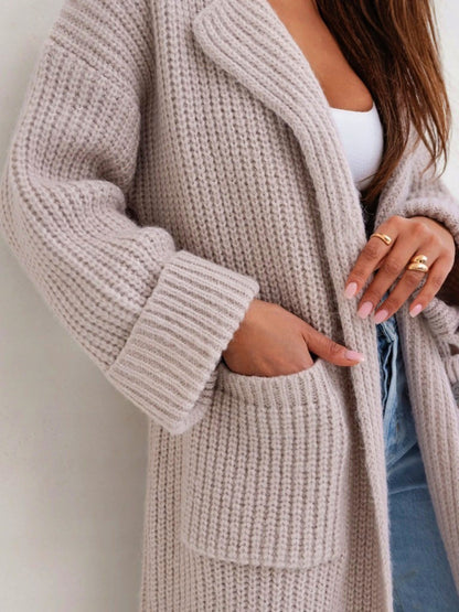 Pocketed Collared Neck Dropped Shoulder Cardigan-Angel Casuals