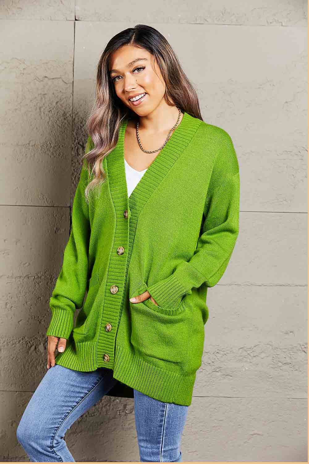 Ribbed Trim Dropped Shoulder Pocketed Cardigan-Angel Casuals