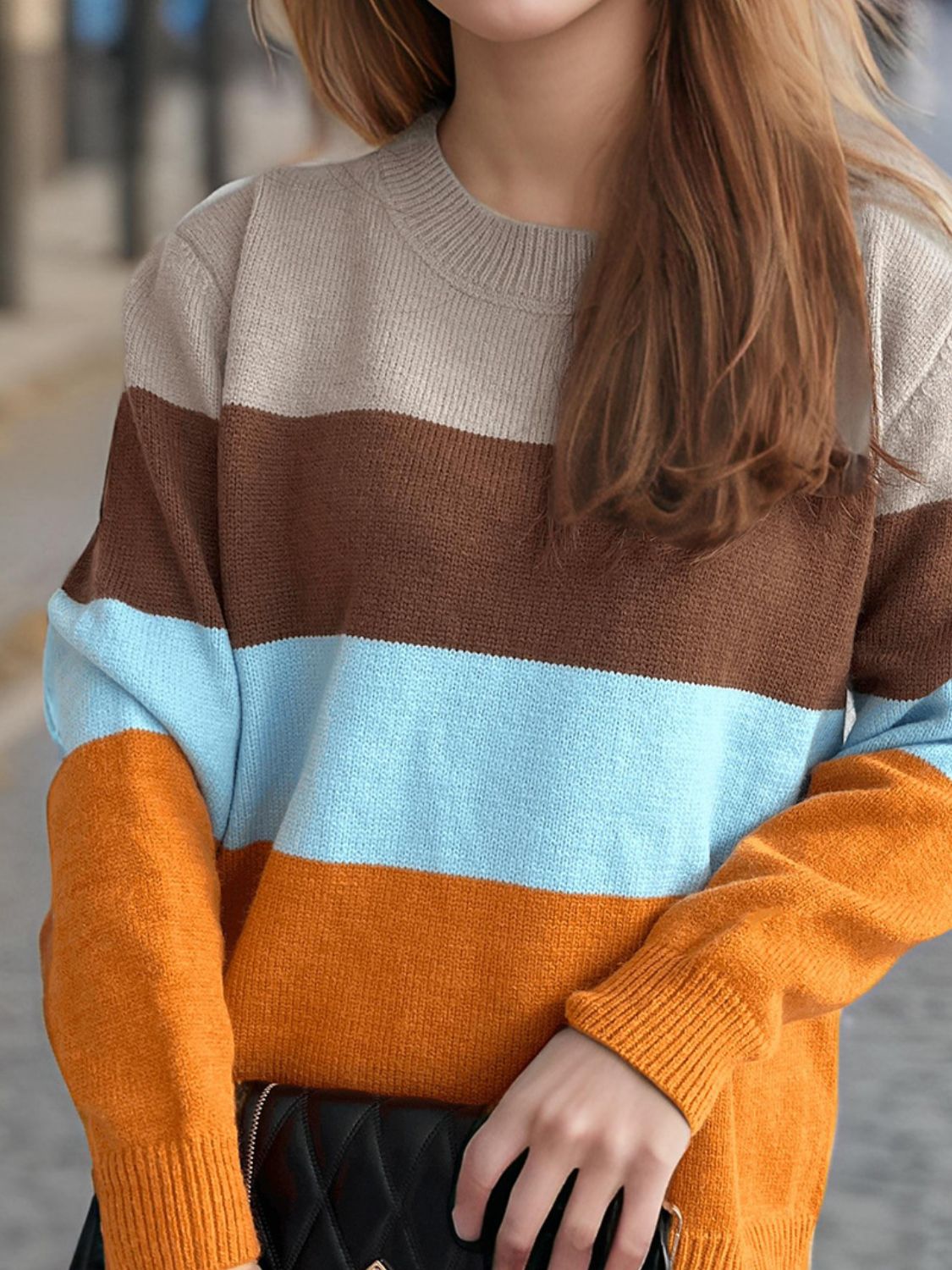 Color Block Round Neck Long Sleeve Sweater-Angel Casuals