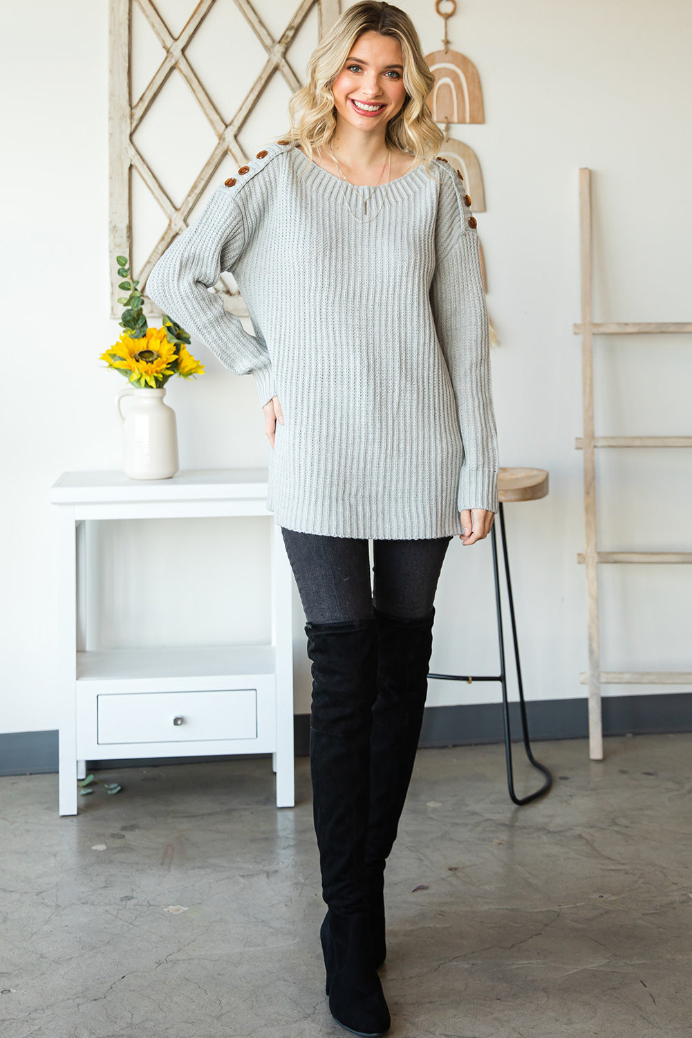 Side Slit Boat Neck Long Sleeve Sweater-Angel Casuals