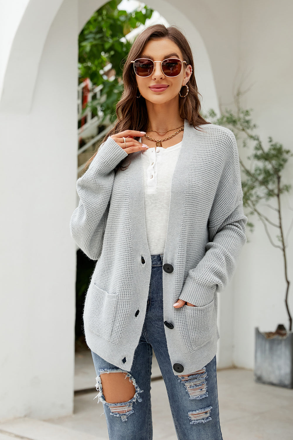 Button Up Drop Shoulder Long Sleeve Cardigan-Angel Casuals