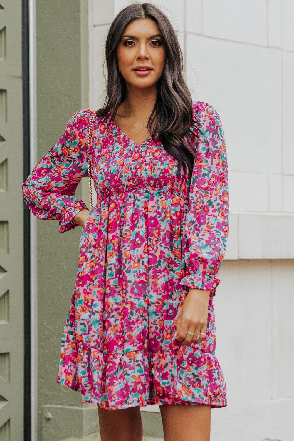 Floral Smocked V-Neck Flounce Sleeve Dress-Angel Casuals