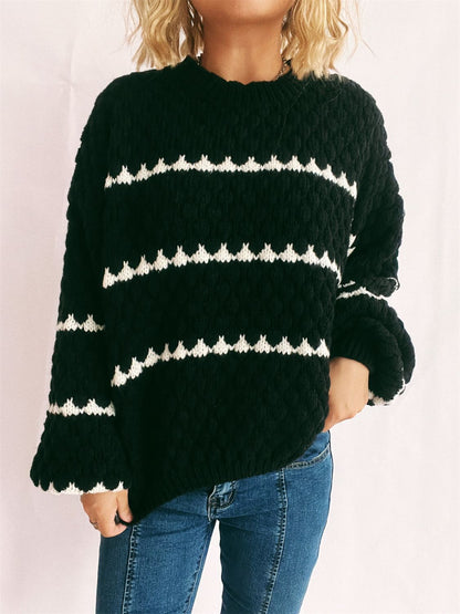 Contrast Stripes Round Neck Long Sleeve Sweater-Angel Casuals