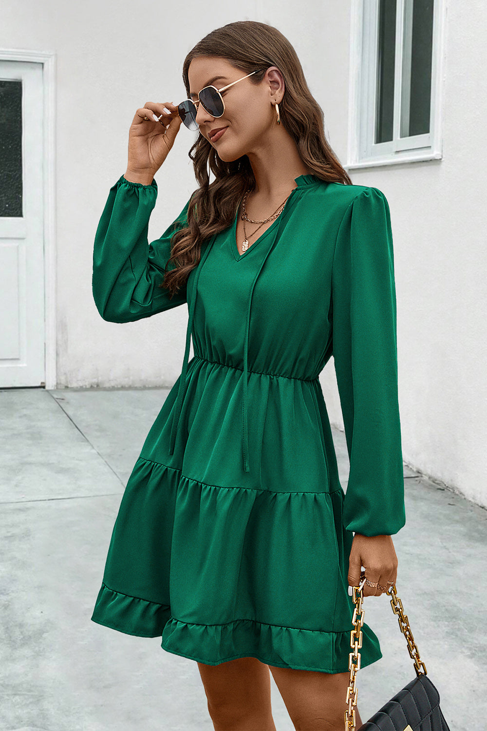 V-Neck Tie Neck Long Sleeve Dress-Angel Casuals