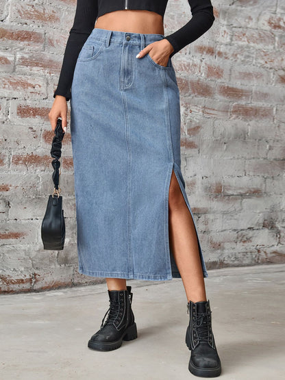 Slit High Waist Denim Skirt with Pockets-Angel Casuals