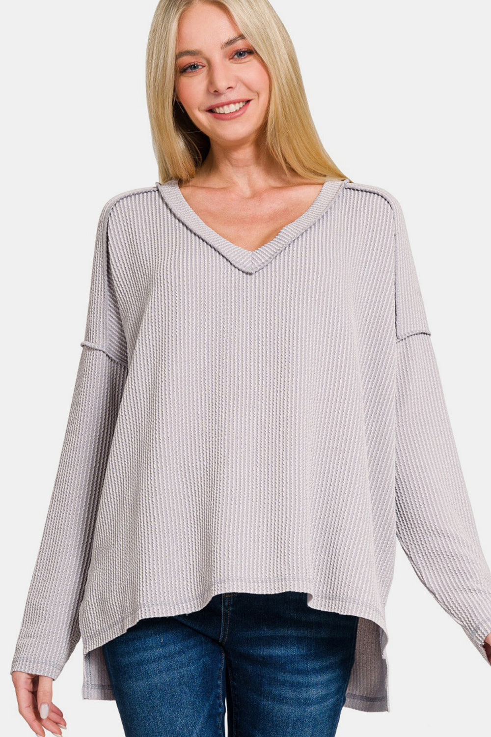 Zenana Texture Exposed Seam V-Neck Long Sleeve T-Shirt-Angel Casuals