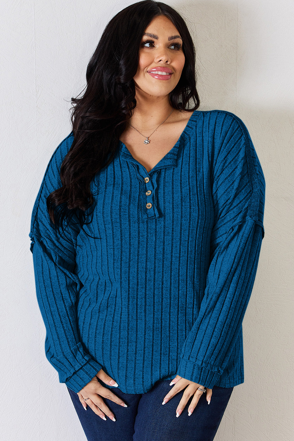 Basic Bae Full Size Ribbed Half Button Long Sleeve T-Shirt-Angel Casuals