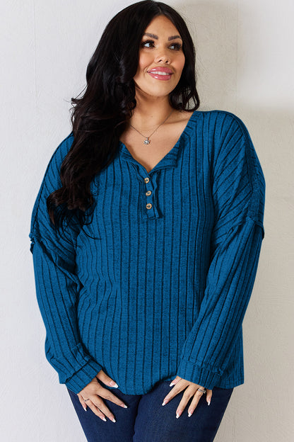 Basic Bae Full Size Ribbed Half Button Long Sleeve T-Shirt-Angel Casuals