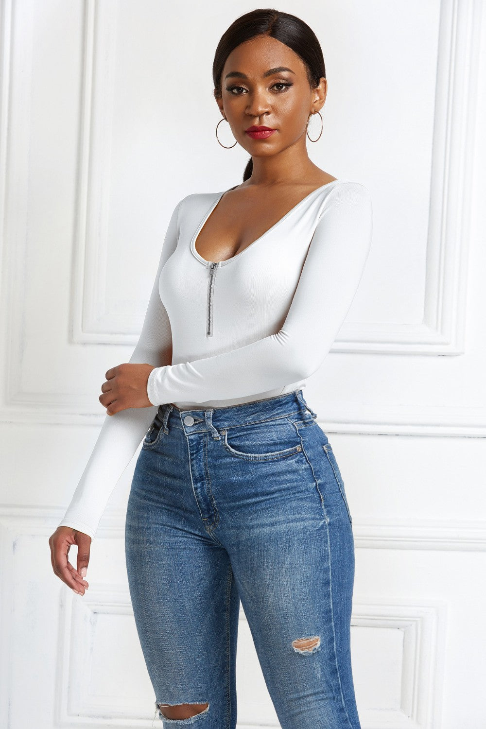 Half Zip Scoop Neck Long Sleeve Bodysuit-Angel Casuals