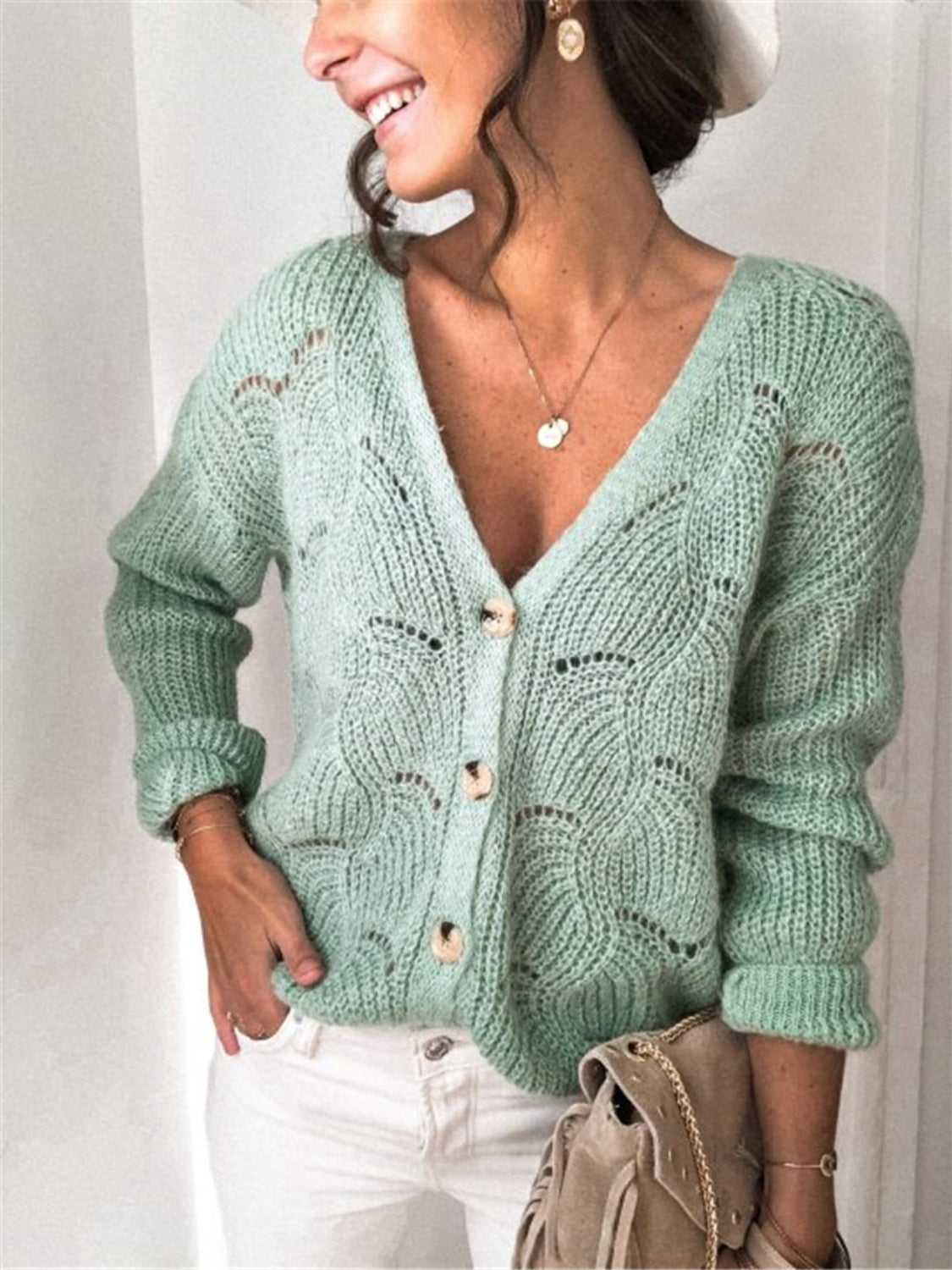 Openwork Button Up Long Sleeve Cardigan-Angel Casuals