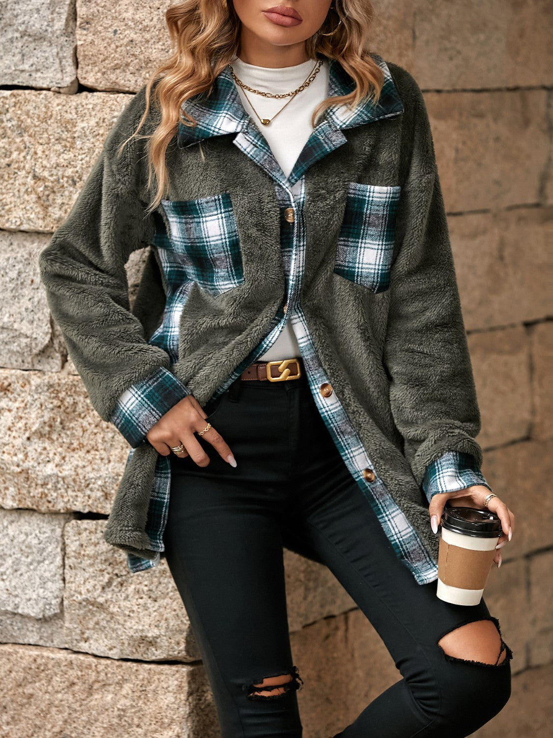 Plaid Contrast Dropped Shoulder Coat-Angel Casuals