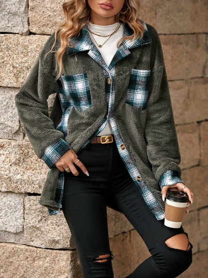 Plaid Contrast Dropped Shoulder Coat-Angel Casuals