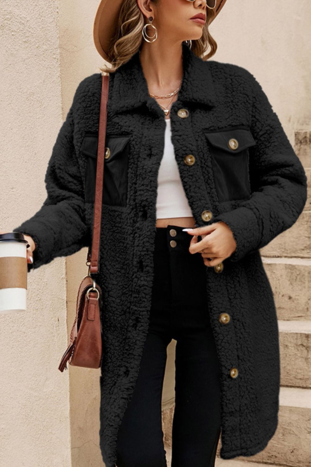 Collared Neck Long Sleeve Longline Teddy Jacket-Angel Casuals