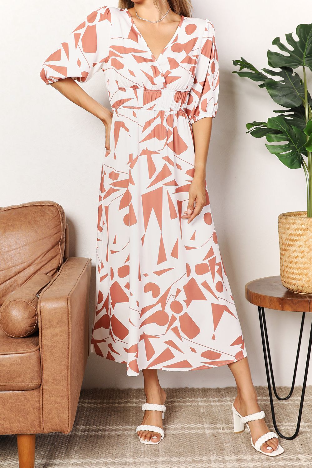 Printed Surplice Balloon Sleeve Dress-Angel Casuals