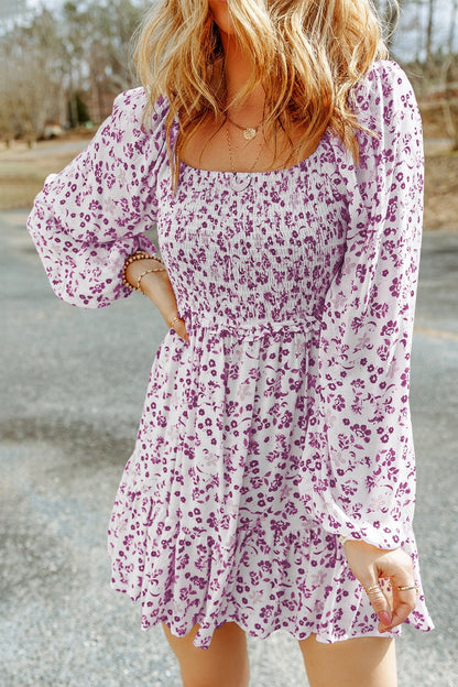 Smocked Floral Square Neck Balloon Sleeve Dress-Angel Casuals