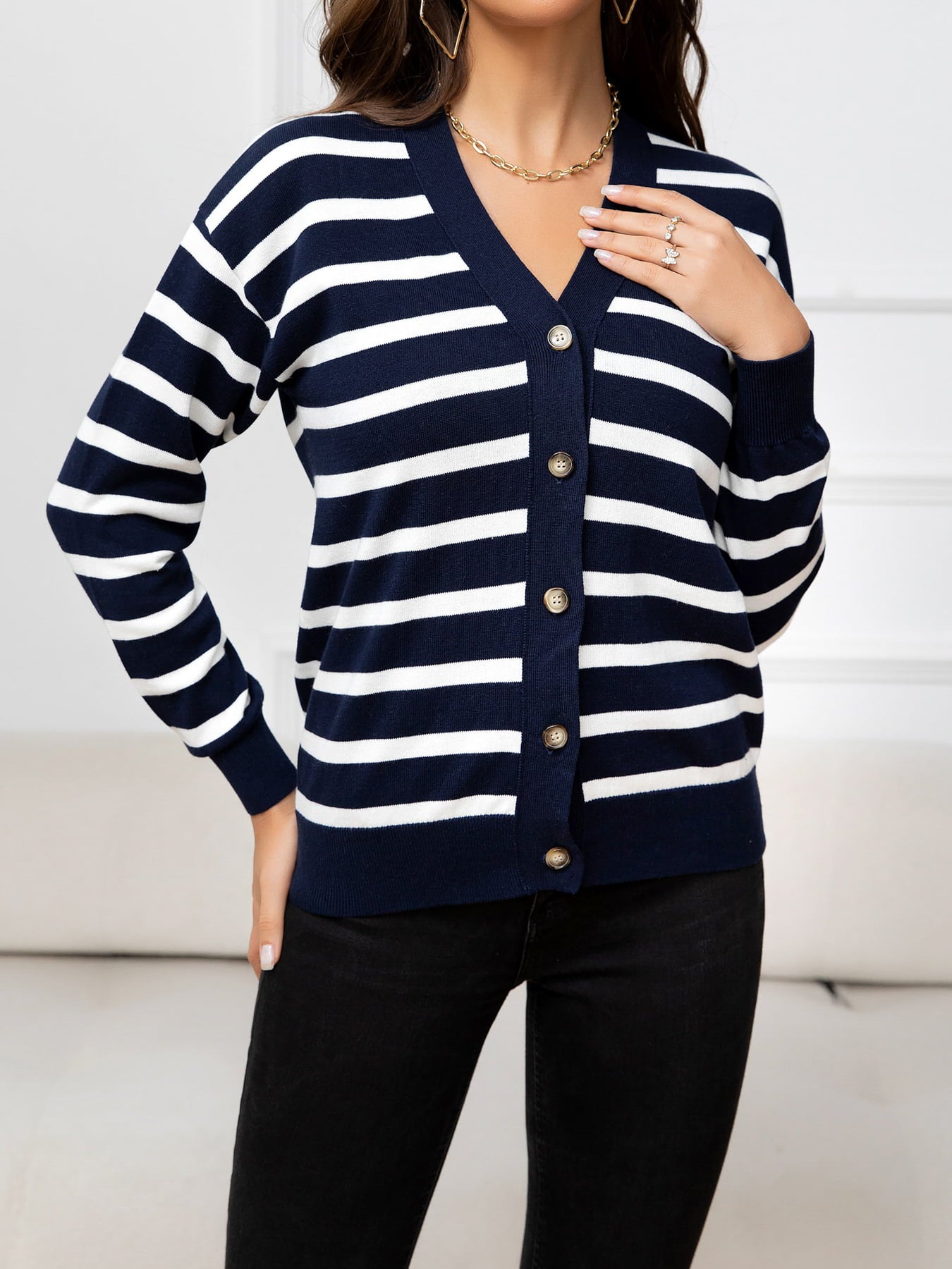 Striped Dropped Shoulder V-Neck Knit Top-Angel Casuals