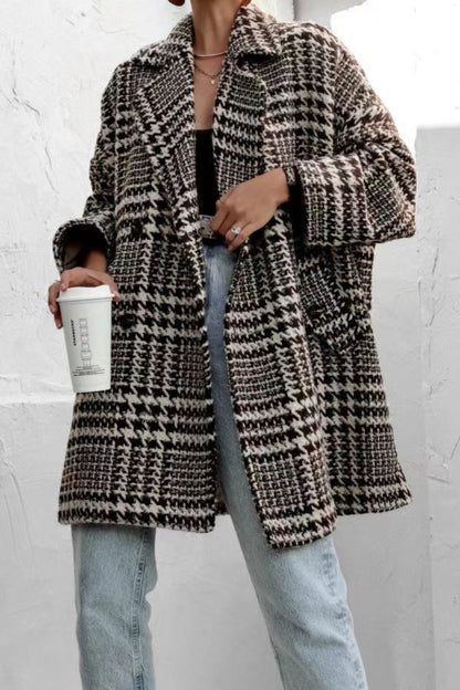 Houndstooth Collared Neck Long Sleeve Coat with Pockets-Angel Casuals