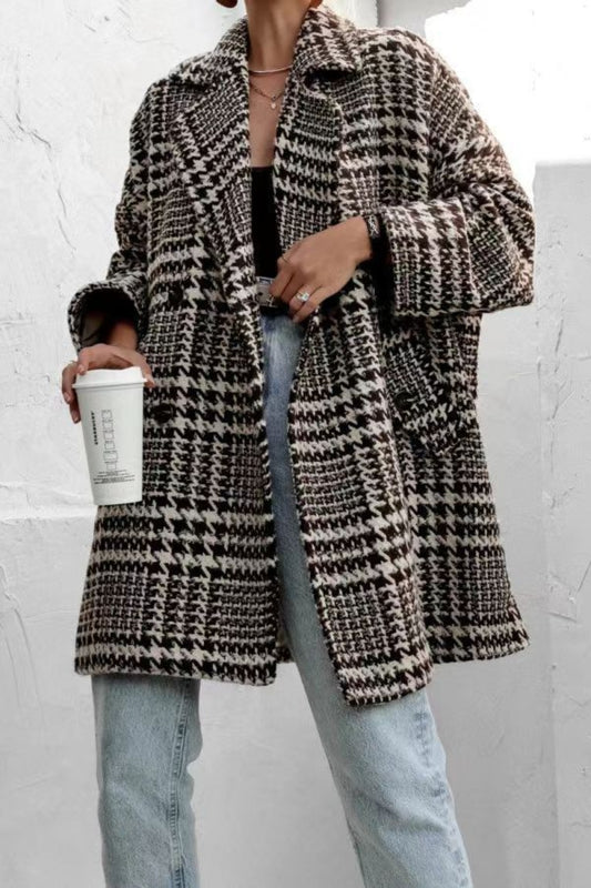 Houndstooth Collared Neck Long Sleeve Coat with Pockets-Angel Casuals