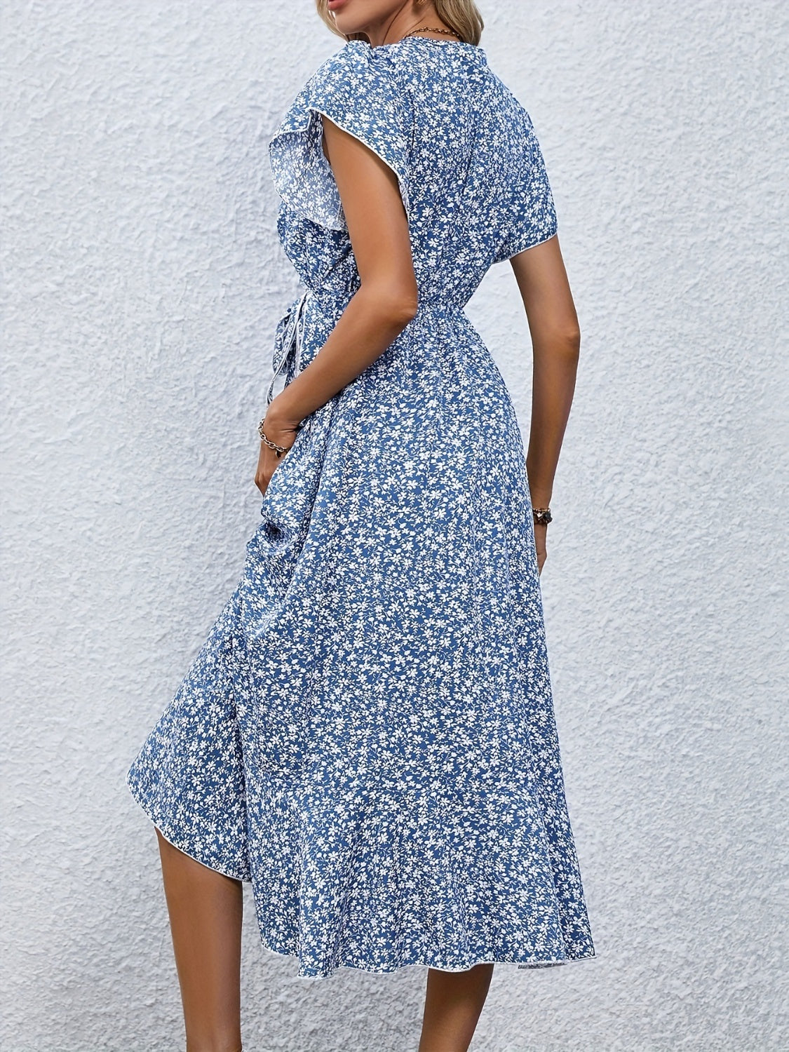 Printed Surplice Flutter Sleeve Midi Dress-Angel Casuals