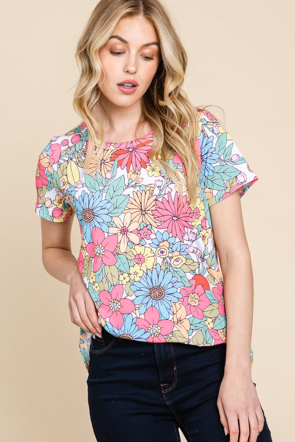 BOMBOM Floral Short Sleeve T-Shirt-Angel Casuals