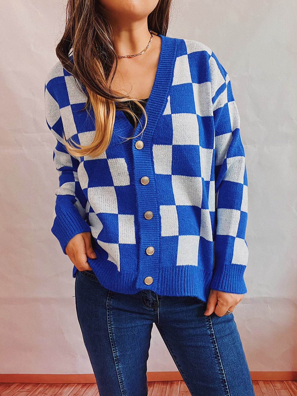 Checkered Open Front Button Up Cardigan-Angel Casuals