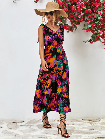 Multicolored V-Neck Backless Midi Dress-Angel Casuals