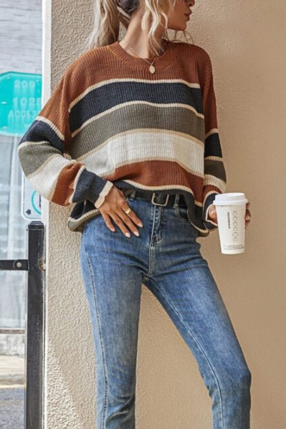 Contrast Striped Round Neck Long Sleeve Sweater-Angel Casuals