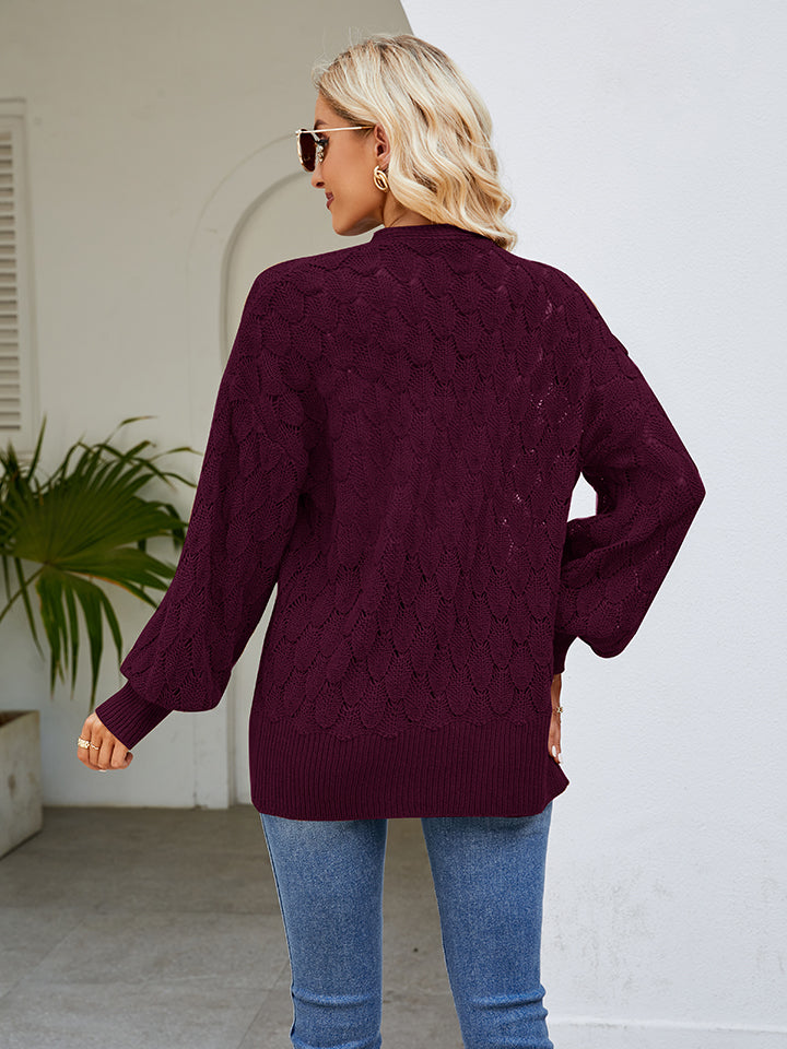 Openwork Open Front Lantern Sleeve Cardigan-Angel Casuals