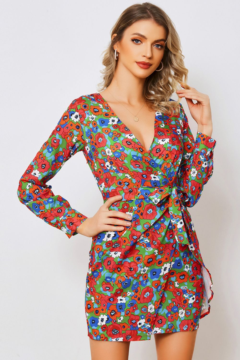 Floral Tied Long Sleeve Plunge Dress-Angel Casuals