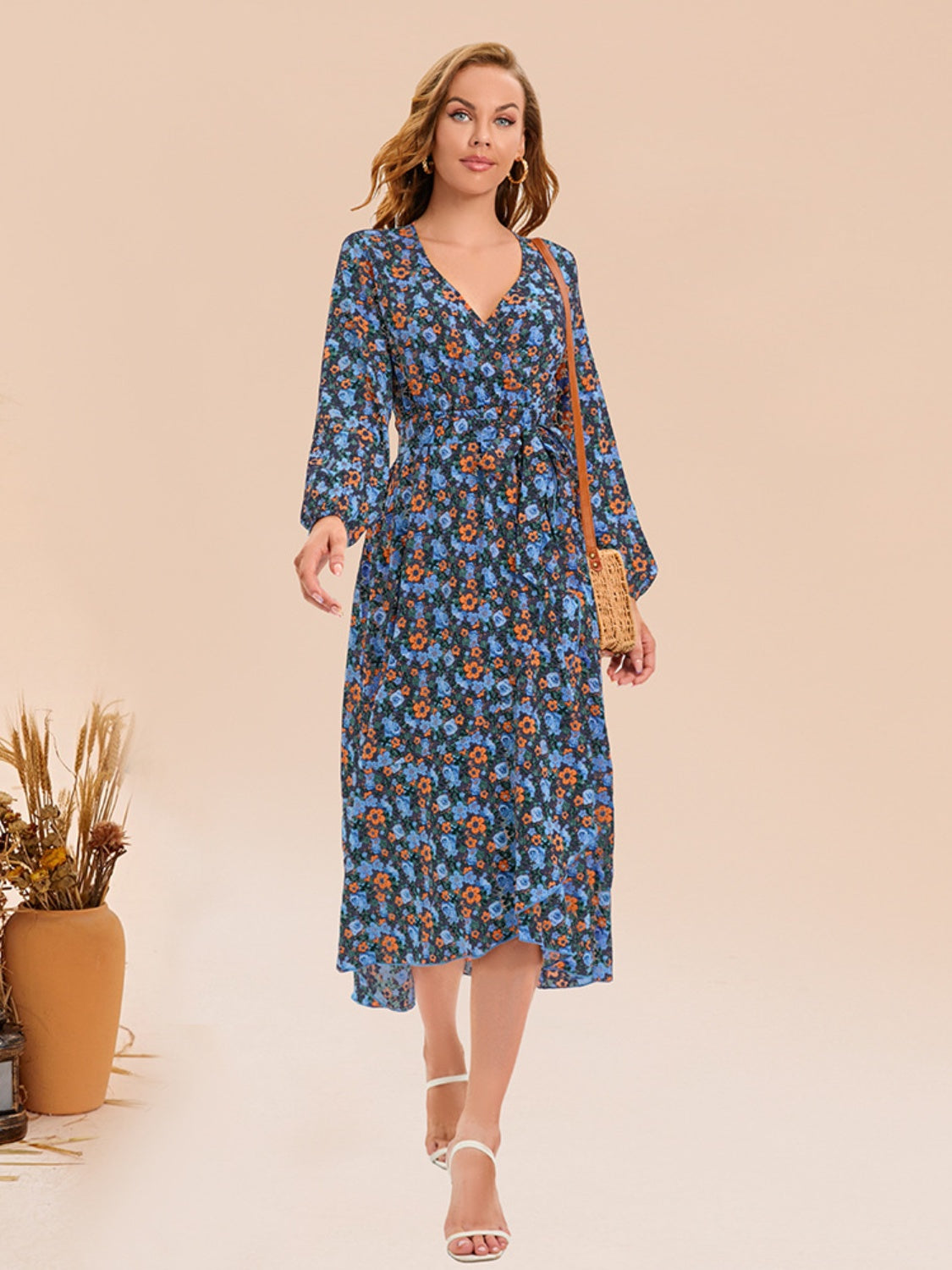 Full Size Printed Surplice Long Sleeve Dress-Angel Casuals