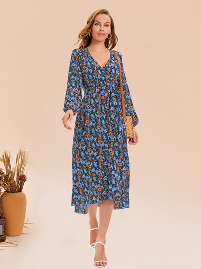 Full Size Printed Surplice Long Sleeve Dress-Angel Casuals