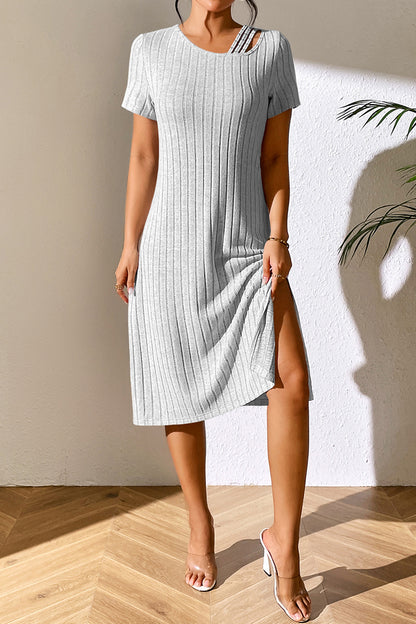 Ribbed Asymmetrical Neck Short Sleeve Dress-Angel Casuals