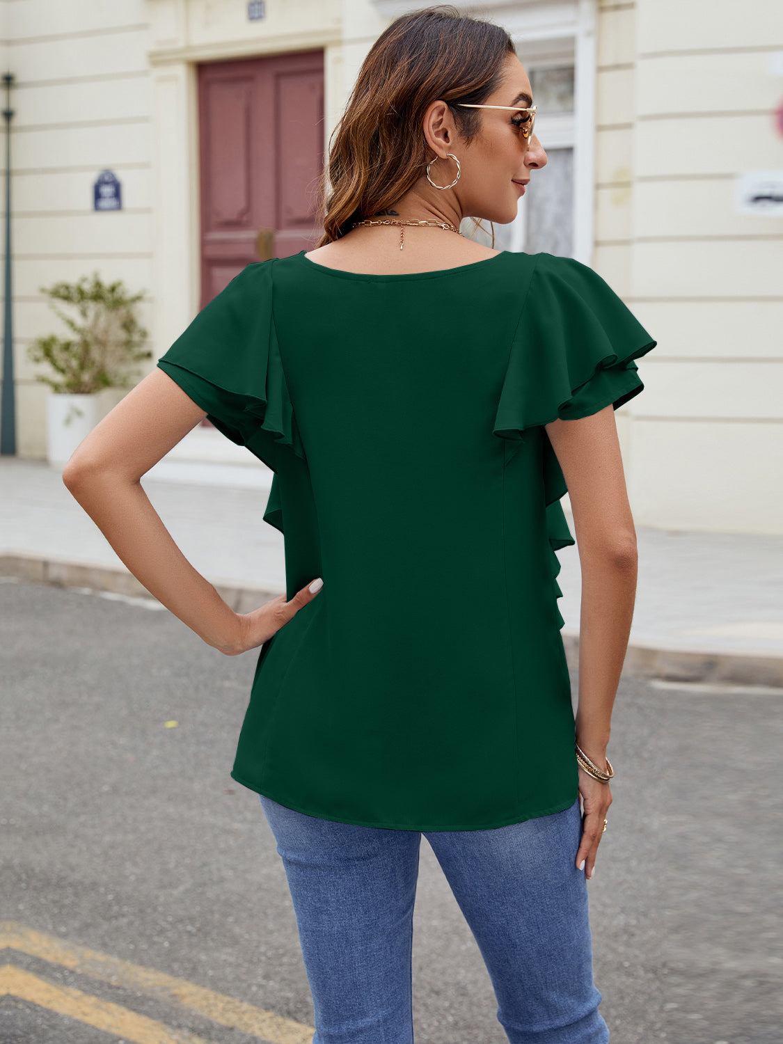 Ruffled V-Neck Short Sleeve Top-Angel Casuals